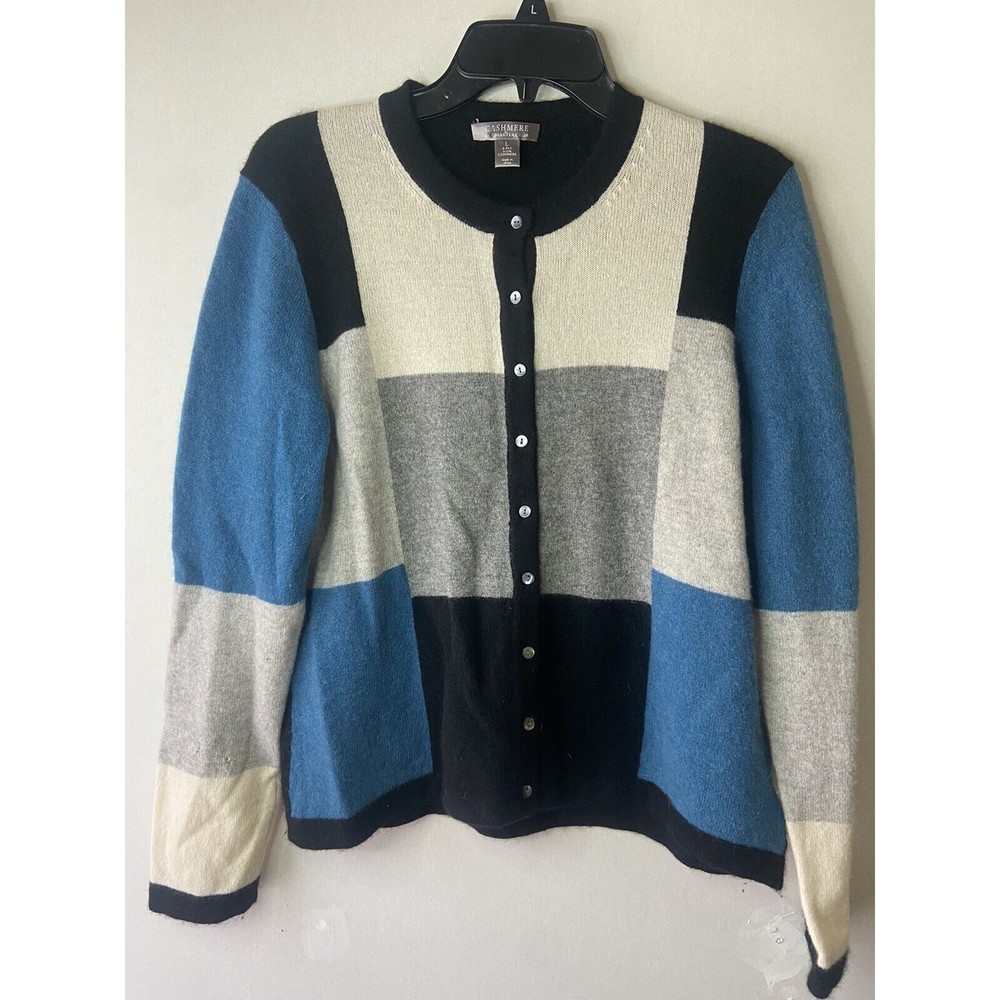 Cashmere by Charter Club Cardigan 2-ply 100% Cashmere Square Sz Large Black Blue